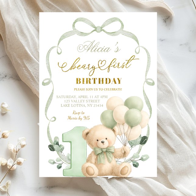 Convite Sage Greenery Bow Coquette Beary First Birthday (Criador carregado)