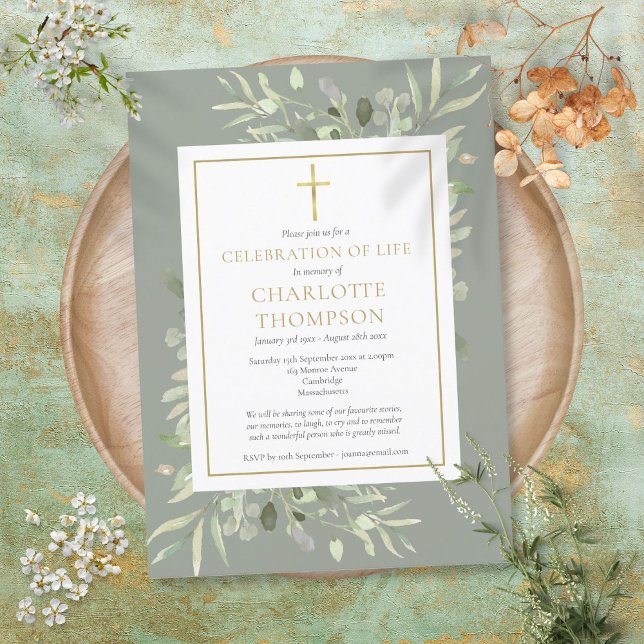 Convite Sage Greenery Celebração Cristã Dourada da Vida (Sage Greenery Gold Christian Celebration of Life Invitation)