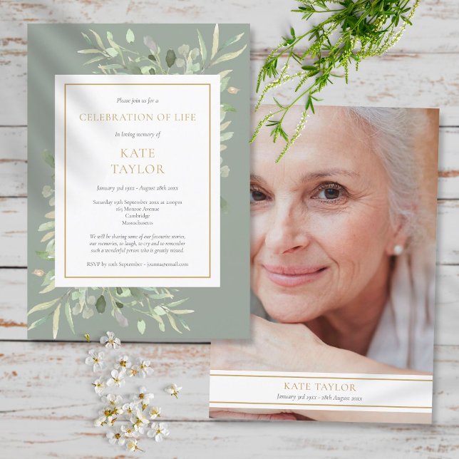 Convite Sage Greenery Celebração Funeral da Vida Foto (Criador carregado)