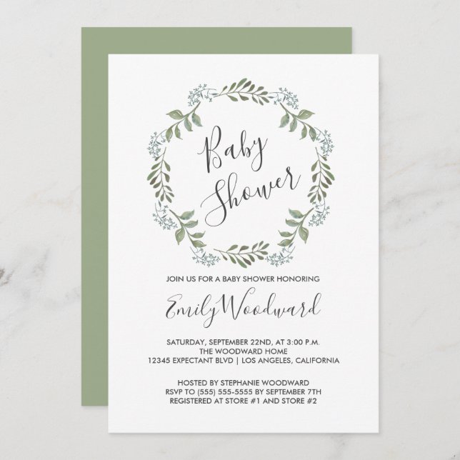Convite Sage Greenery Chá de fraldas de exaustão botânico (Frente/Verso)