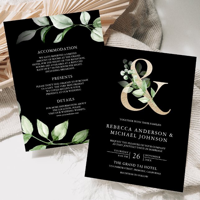 Convite Sage Greenery Dourado Ampersand Black Wedding (Criador carregado)