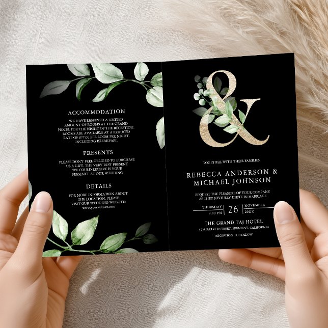 Convite Sage Greenery Dourado Ampersand Código QR Casament (Criador carregado)