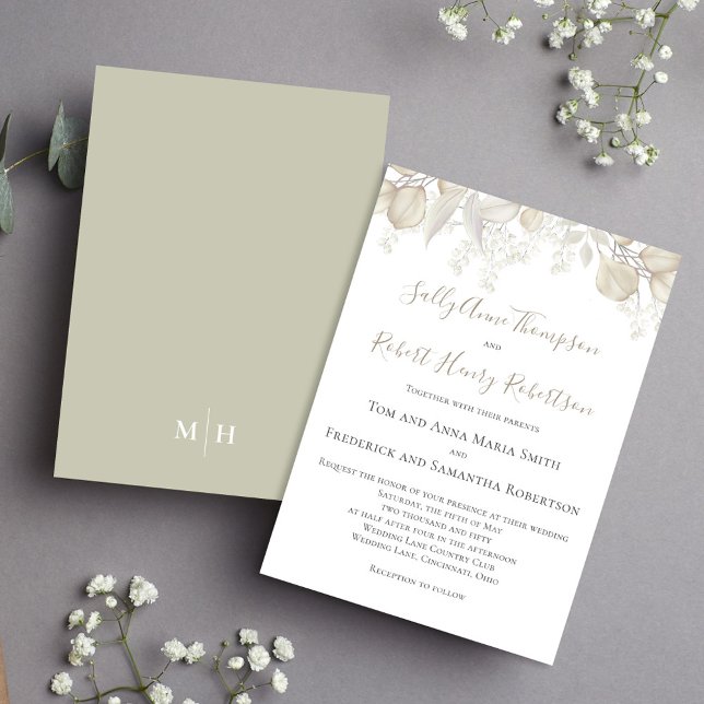 Convite Sage Greenery Elegante Wedding Foles (Simple and elegant sage green and cream foliage wedding invitation.)