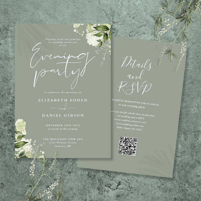 Convite Sage Greenery Floral Código QR de Casamento Noite (Sage Greenery Floral QR Code Wedding Evening Party Invitation)