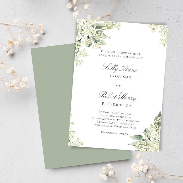 Convite Sage Greenery Floral Elegante Roteiro Casamento (Elegant greenery wedding design with soft sage tones and delicate florals, perfect for a timeless.)