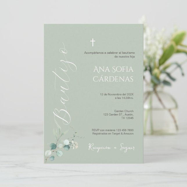 Convite Sage Greenery Spanish Baptism Girl invitation (Em pé/Frente)