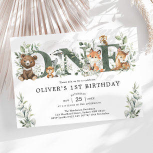 Convite Sage Greenery Woodland Animais 1rua Primeiro Anive