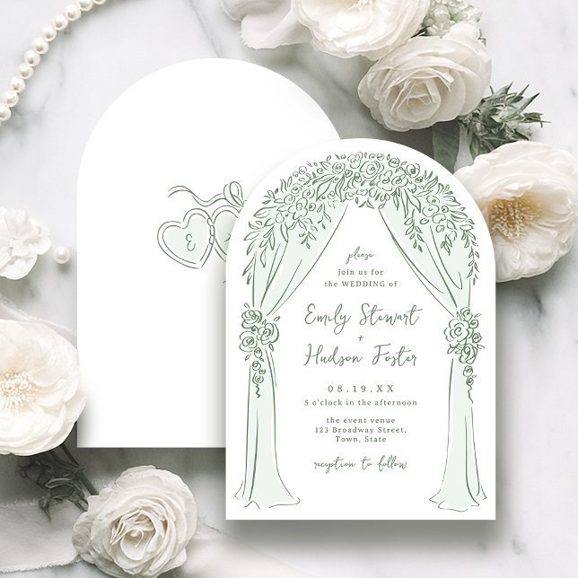 Convite Sage Hand Drawn Floral Arch Whimsical Wedding (Sage Hand Drawn Floral Arch Whimsical Wedding Invitation)