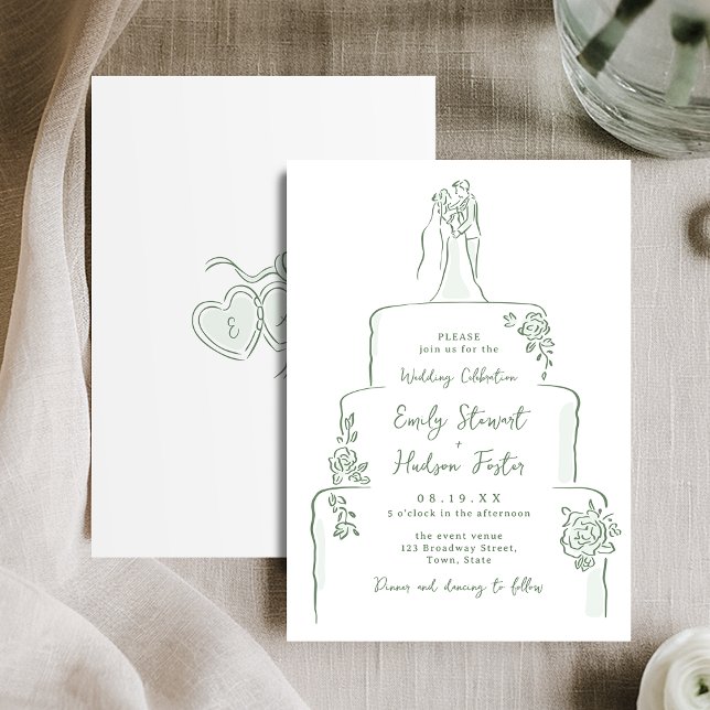 Convite Sage Hand Drawn Wedding Cake Whimsical (Sage Hand Drawn Wedding Cake Whimsical Invitation)