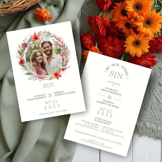 Convite Sage Luxury Initials Floral Red Shades Round Photo (Sage Luxury Initials Floral Wreath Red Shades Round Photo Wedding Invitation Card.)