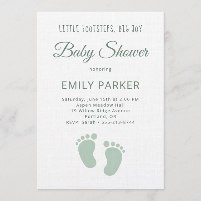 Convite Sage Minimal Little Footsteps Baby Shower (Frente)
