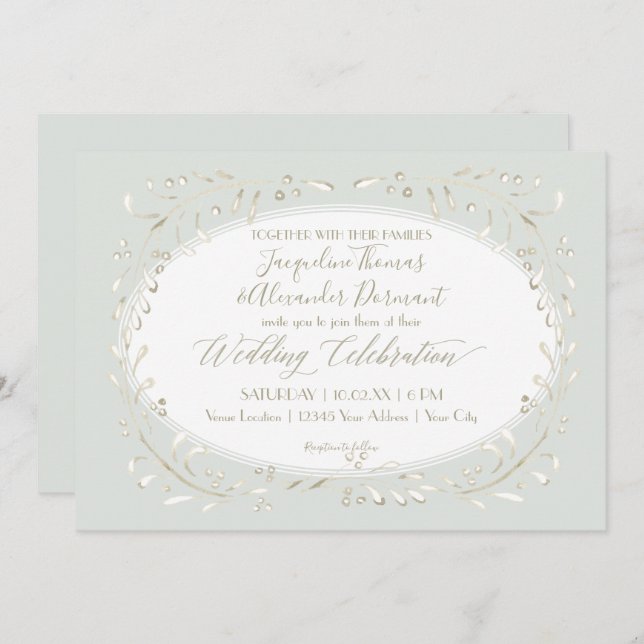 Convite Sage Mint Simple Leaf Typografia Moderna Watercolo (Frente/Verso)