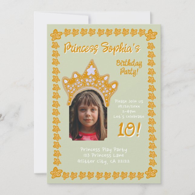 Convite Sage Mist Princess Crown Floral Photo Birthday (Frente)