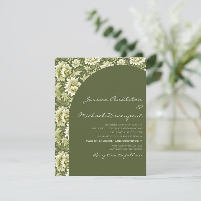 Convite Sage Olive Green Botanical Arch Script Wedding (Em pé/Frente)