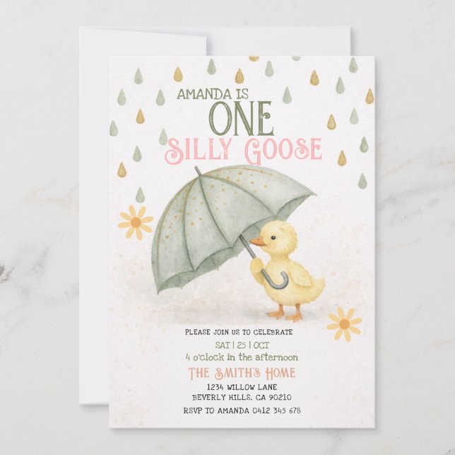 Convite Sage One Silly Goose First Birthday Invitation (Frente)
