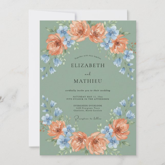 Convite Sage Pêssego Azul Floral Casamento (Frente)