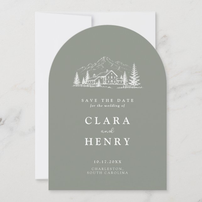 Convite Sage Pine Arched Casamento Save the Date (Frente)