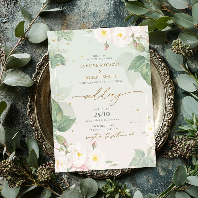 Convite Sage primavera de rosas selvagens brancos Elegante (Elegant watercolor spring white wild roses sage invitation)