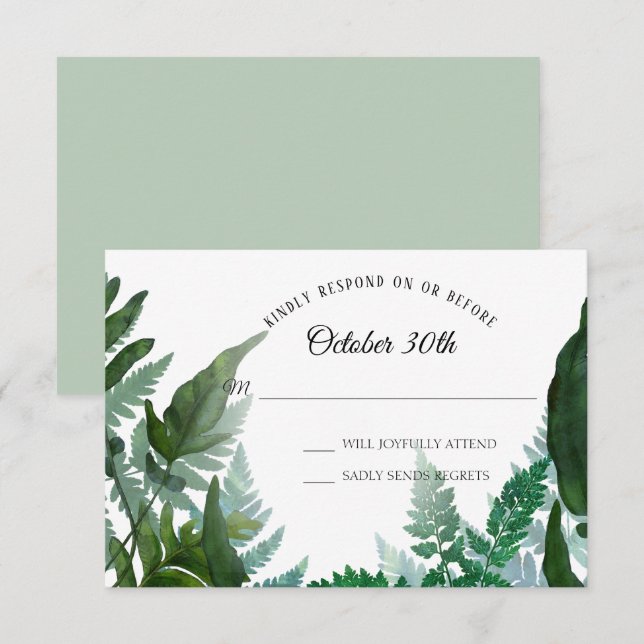 Convite Sage RSVP Wedding Ferns Forest Foliage Foliage Fol (Frente/Verso)
