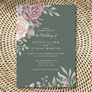 Convite Sage Rustic Dusty Rosa Watercolor Boho Flowers Inv