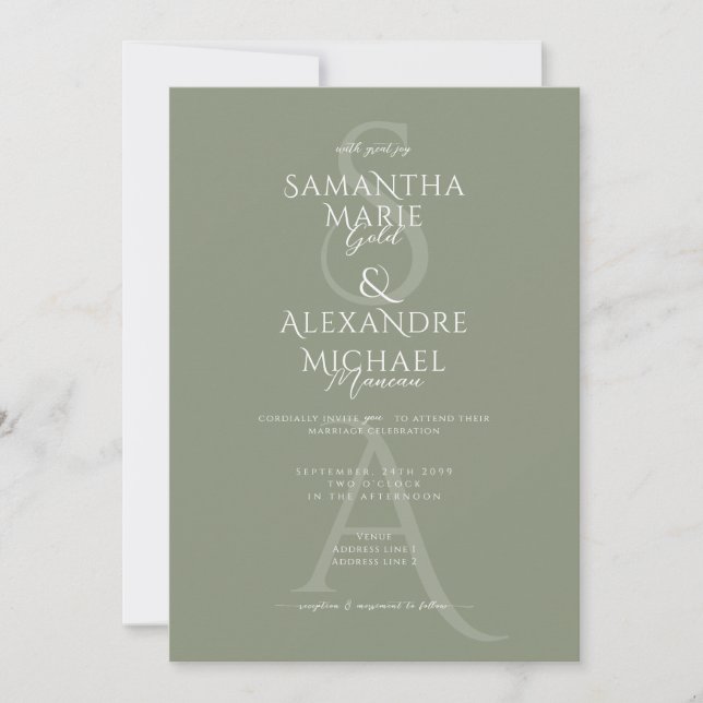 Convite Sage Script Divine Monograma Contemporâneo Casamen (Frente)