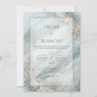 Convite Sage Seafoam Folha Dourada Mármore Casamento