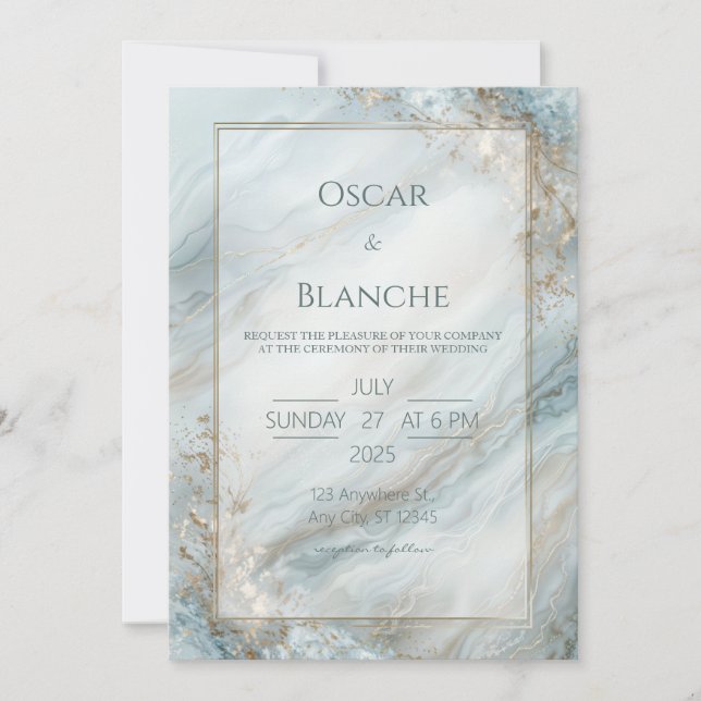 Convite Sage Seafoam Folha Dourada Mármore Casamento (Frente)