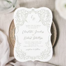 Convite Sage Sketch Vintage Flourish Monograme Casamento