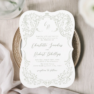 Convite Sage Sketch Vintage Flourish Monograme Casamento