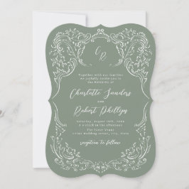 Convite Sage Sketch Vintage Flourish Monograme Casamento