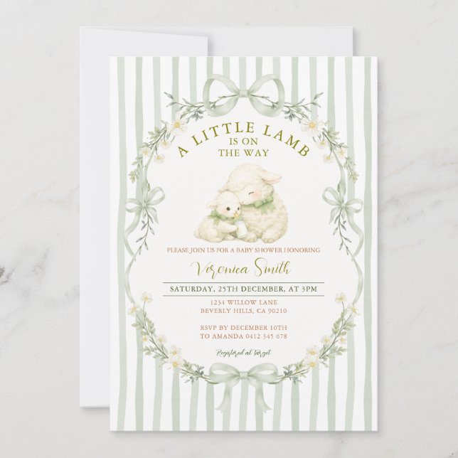 Convite Sage Stripe Little Lamb Baby Shower Invitation (Frente)