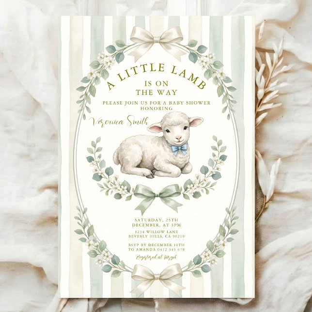 Convite Sage Stripe Little watercolor Lamb Baby Shower (Criador carregado)