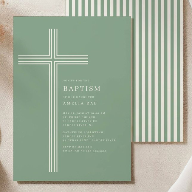Convite Sage Striped Cross Baptism Invitation  (Criador carregado)