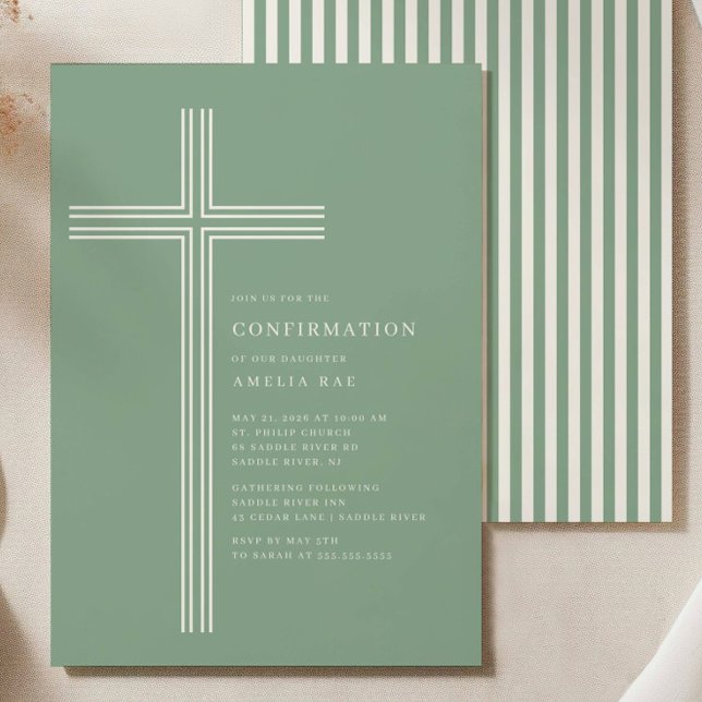 Convite Sage Striped Cross Confirmation Invitation (Criador carregado)