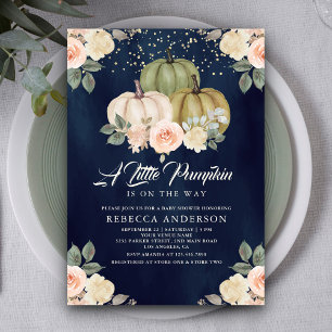 Convite Sage Verde Abóbora Pêssego Floral Azul Bebê Shower