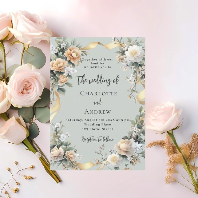 Convite Sage verde amarelo floral ouro luxo casamento (Criador carregado)