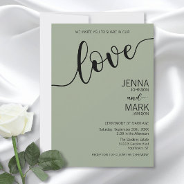 Convite Sage Verde Amor Preto Rótulo Casamento Minimalista