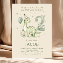 Convite Sage Verde Aquarela Dino 2º Aniversário