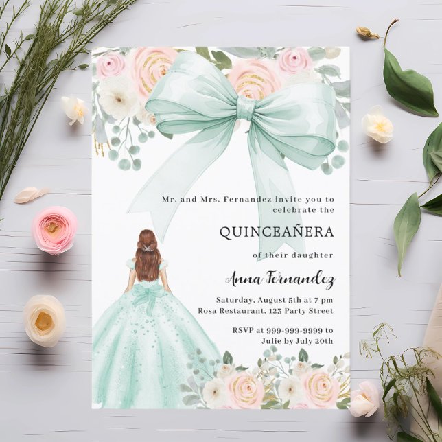 Convite Sage verde arco cor-de-rosa vestido Quinceanera (Criador carregado)