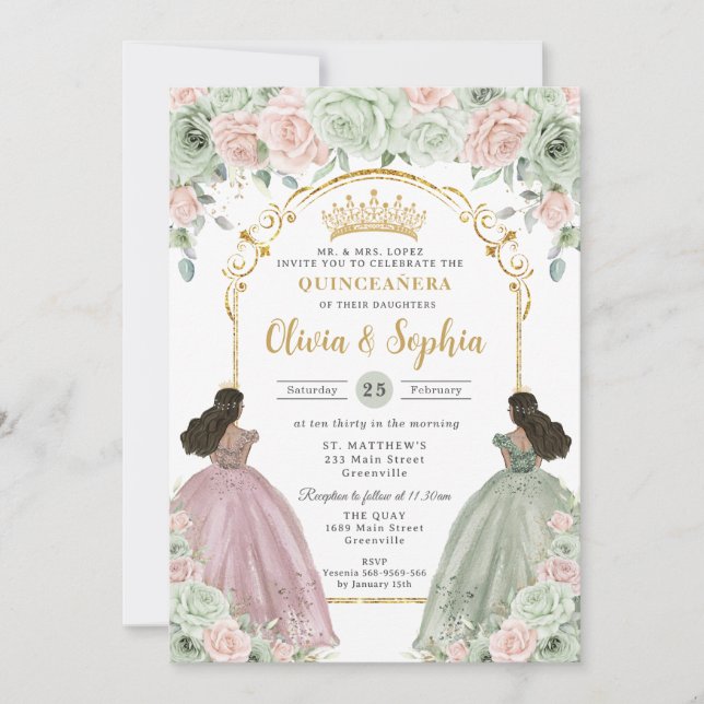 Convite Sage Verde Beijo Floral Brown Gêmeas Quinceañera  (Frente)