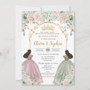 Convite Sage Verde Beijo Floral Brown Gêmeas Quinceañera 