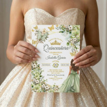 Sage Verde Borboleta Dourada Floral Quinceañera