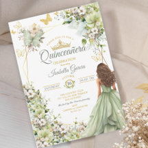 Sage Verde Borboleta Dourada Floral Quinceañera