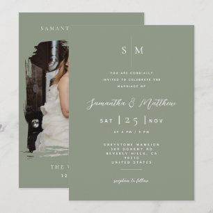 Convite Sage Verde & Branco Casamento Minimalista Foto 