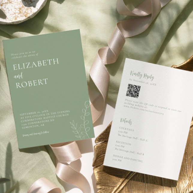 Convite Sage Verde Casamento Minimalista Moderno Código QR (Criador carregado)