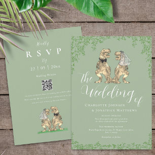 Convite Sage Verde Código QR de Casamento de Dinossauro El