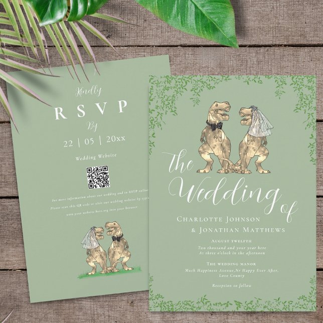 Convite Sage Verde Código QR de Casamento de Dinossauro El (Sage green T-Rex bride and groom dinosaur wedding invitation with rsvp qr code)