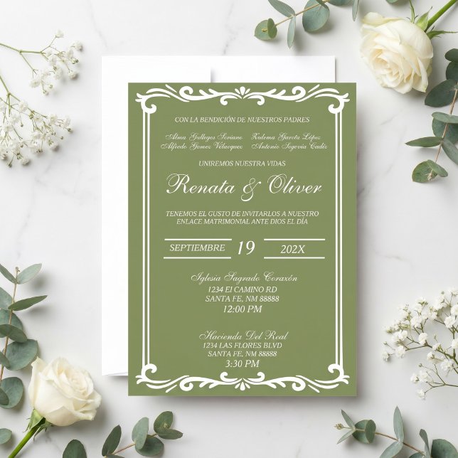 Convite Sage verde com moldura casamento espanhol  (Criador carregado)