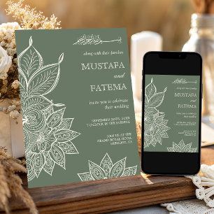 Convite Sage Verde Creme Mehndi Henna Casamento Muçulmano