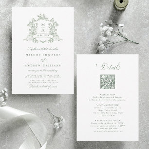 Convite Sage Verde Crista Floral Clássica Casamento Tudo e